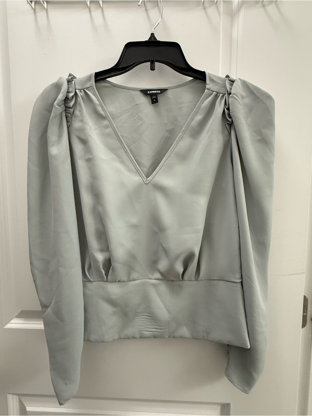 Express Sage Green V-Neck Puff-Sleeve Blouse